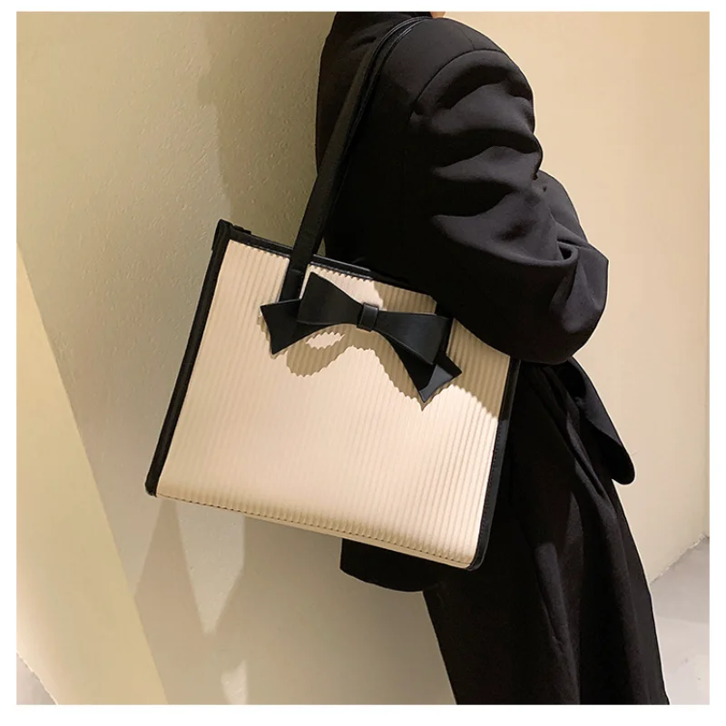 

Women Bow Pleated Tote Bag Large Capacity PU Leather Shoulder Bag Fashion Ladies Handbag Women‘s Shopping Bag