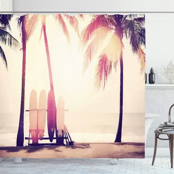 Shower Curtain Set with Hooks 72x72 Relax Sun Surfboard Seaside Palm Tree Hawaii On Beach Abstract Water Double Nature Travel