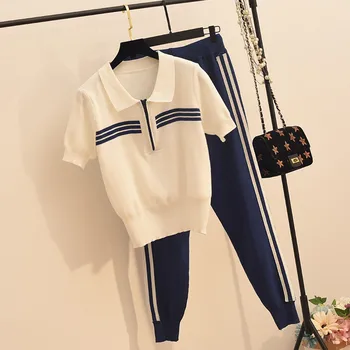 2020 Women Summer 2 pcs Knit Striped patchwork Turn down collar Short sleeve tops +Long pants Knitting Casual Clothing Sets
2020 Women Summer 2 pcs Knit Striped patchwork Turn down collar Short sleeve tops +Long pants Knitting Casual Clothing Sets