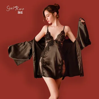 Women's fashion Bathrobe suit (Robe+braces skirt+T-Underpants) Lace nightdress night-robe seduction Sexy lingerie home clothing
Women's fashion Bathrobe suit (Robe+braces skirt+T-Underpants) Lace nightdress night-robe seduction Sexy lingerie home clothing