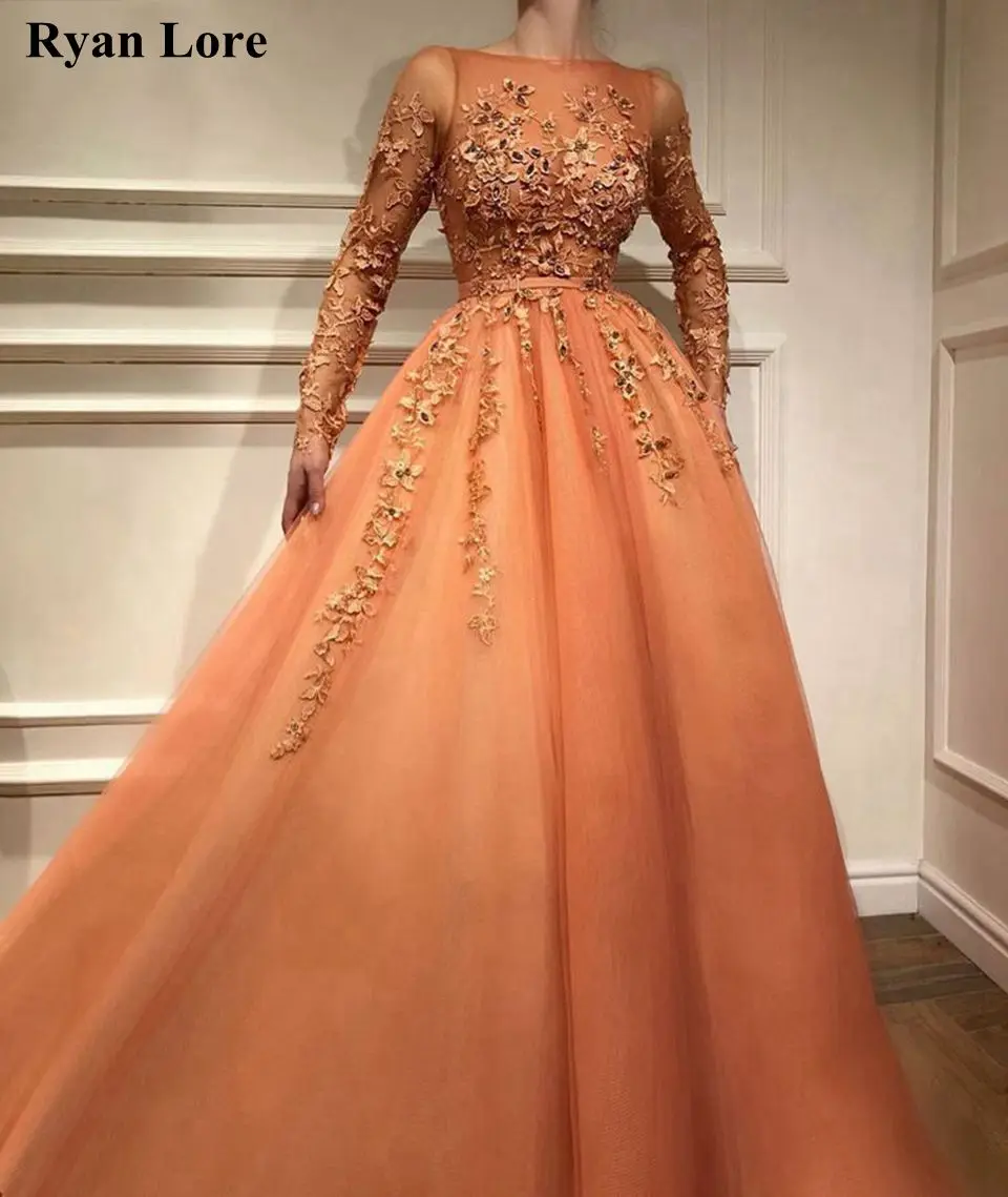 Women Prom Dresses 2020 Orange Long Sleeves Appliques Formal Evening Gowns Long Muslim Party Vestidos Elegant robe de soiree
Women Prom Dresses 2020 Orange Long Sleeves Appliques Formal Evening Gowns Long Muslim Party Vestidos Elegant robe de soiree