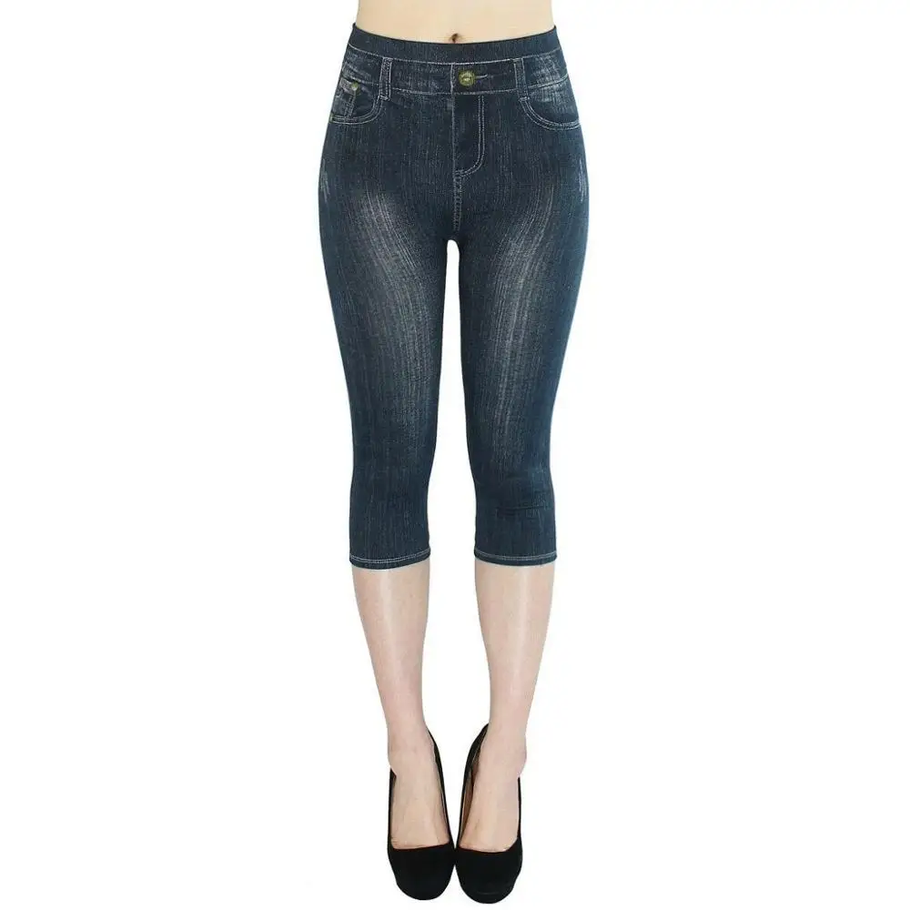 Slim-Women-Oversized-Casual-Faux-Denim-Jeans-Bandage-Print-Leggings-Strechy-Capris