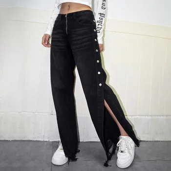 Streetwear Straight Cargo High Waist Pants Zipper Fly Side Split Buttons Denim Pants Women Tassel Loose Trousers 2019 
Streetwear Straight Cargo High Waist Pants Zipper Fly Side Split Buttons Denim Pants Women Tassel Loose Trousers 2019