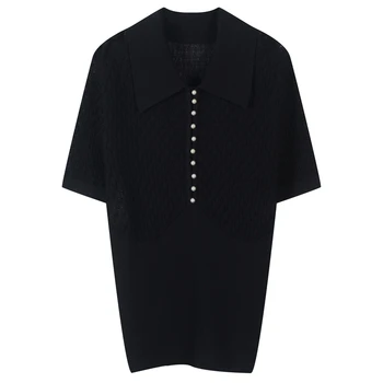 Runway Casual Pearl Buttons Female T-shirt Fashion Turn-Down Collar Slim Top Summer Tees Women Knitted Short Sleeve Shirt Ladies
Runway Casual Pearl Buttons Female T-shirt Fashion Turn-Down Collar Slim Top Summer Tees Women Knitted Short Sleeve Shirt Ladies