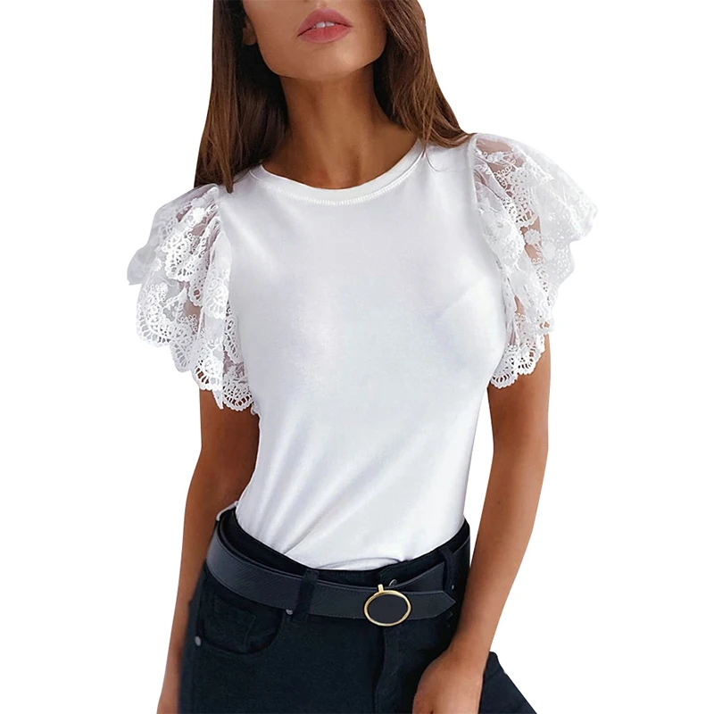 Фото Черная белая футболка летняя женская Кружевная с коротким рукавом повседневная