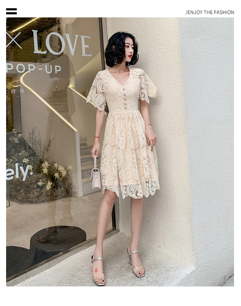 wei yin AE0443 Roeb De Soriee Elegant Full Lace Short Champagne Prom Dress Short Sleeves Bateau Neck Evening Party Dress Cheap