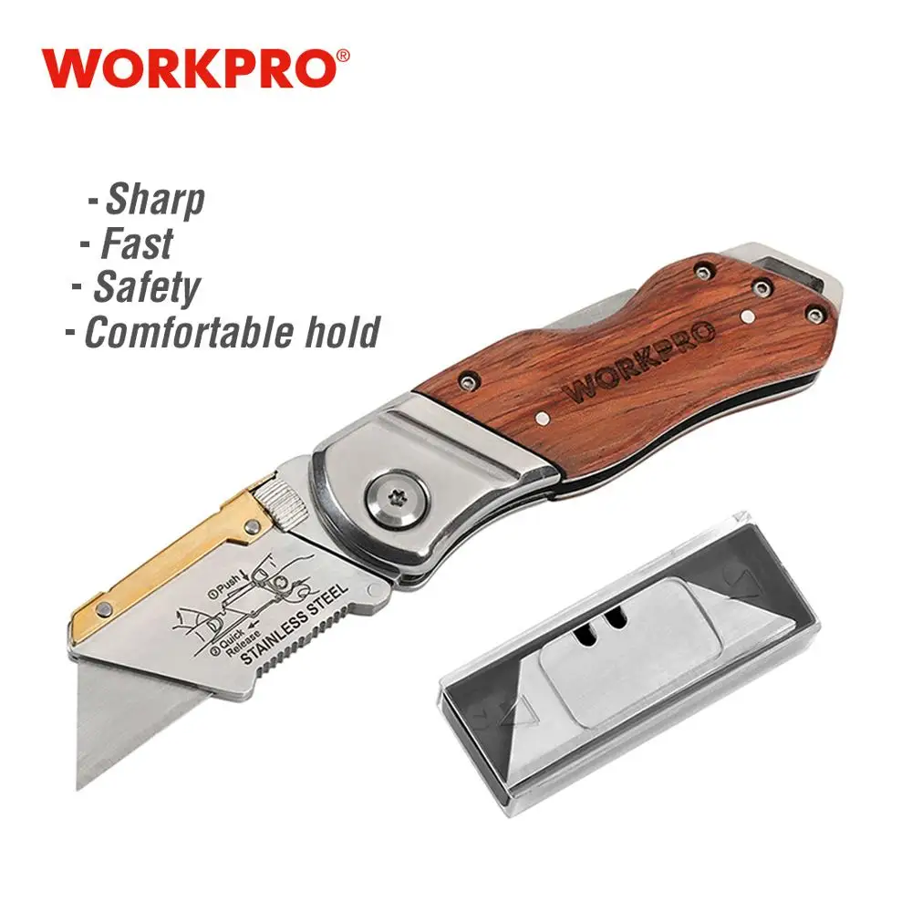 Складной нож WORKPRO высокопрочный Карманный резец для труб с деревянной ручкой и 10