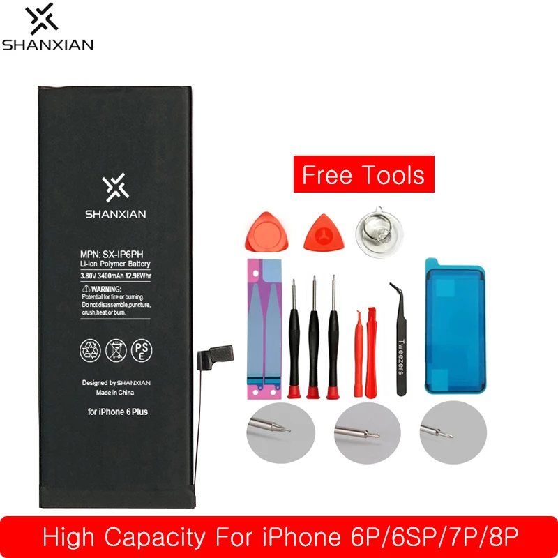 SHANXIAN Extended Capacity Replacement Battery for iPhone 6 Plus 6S Plus 7 Plus 8 Plus 3400mAh Mobile Phone battery Free Tool
SHANXIAN Extended Capacity Replacement Battery for iPhone 6 Plus 6S Plus 7 Plus 8 Plus 3400mAh Mobile Phone battery Free Tool