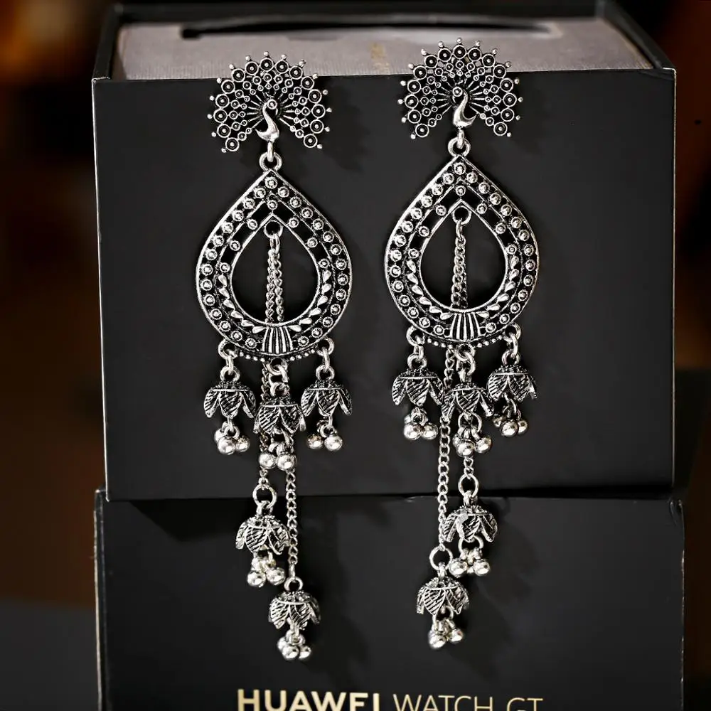 Этнические серьги-подвески Jhumka Jhumki с большим павлином женские окисленные серьги
