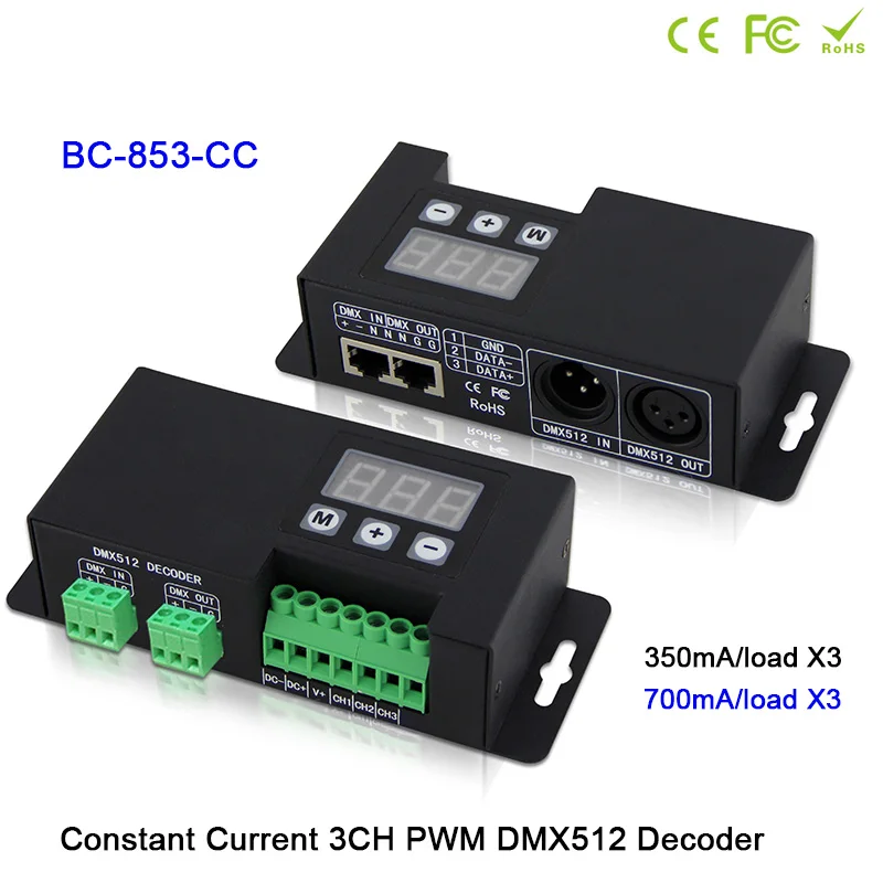 3CH RGB led light dmx master controller;350mA 700mA led CC PWM DMX512 Decoder;led CV PWM DMX512 Decoder for LED Strip tape
3CH RGB led light dmx master controller;350mA 700mA led CC PWM DMX512 Decoder;led CV PWM DMX512 Decoder for LED Strip tape