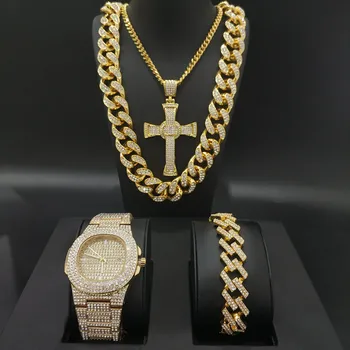 Luxury Men Gold Color Watch & Bracelet & Necklace Combo Set Ice Out Cuban Watch Men Crystal Miami Necklace Chain Hip Hop For Men
Luxury Men Gold Color Watch & Bracelet & Necklace Combo Set Ice Out Cuban Watch Men Crystal Miami Necklace Chain Hip Hop For Men