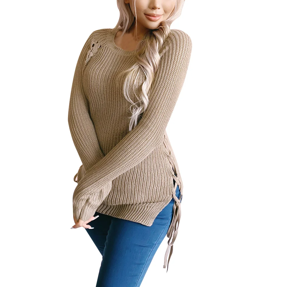 Women Autumn Sweaters Cross Straps O-Neck Long Sleeve Khaki Slim Pullovers Knitted Top Elegant Spring Fashion Female Clothing 
Women Autumn Sweaters Cross Straps O-Neck Long Sleeve Khaki Slim Pullovers Knitted Top Elegant Spring Fashion Female Clothing