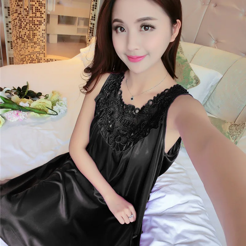 

Sexy Women Lace Flower Satin Home Dress Rayon Solid Sleepwear Nightgown Summer Ladies Lingerie Nighty Gown Oversize Nightdress