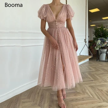 Glitter Blush Short Prom Dresses V-Neck Puff Sleeves Pleated Tulle Evening Dresses Buttons Tea-Length A-Line Party Gowns
Glitter Blush Short Prom Dresses V-Neck Puff Sleeves Pleated Tulle Evening Dresses Buttons Tea-Length A-Line Party Gowns