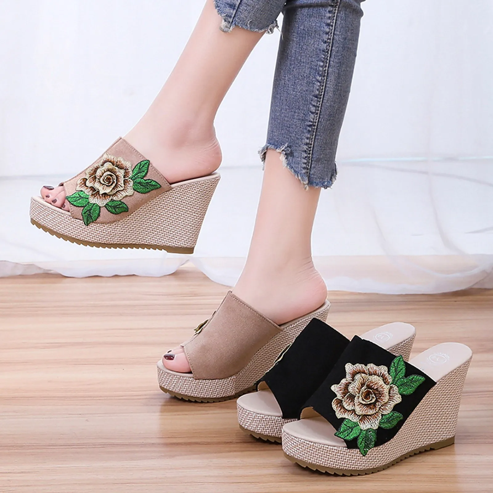 

Sandalias de tacón alto con bordado de flores para mujer, zapatos de cuña informales con punta abierta para verano, 2021