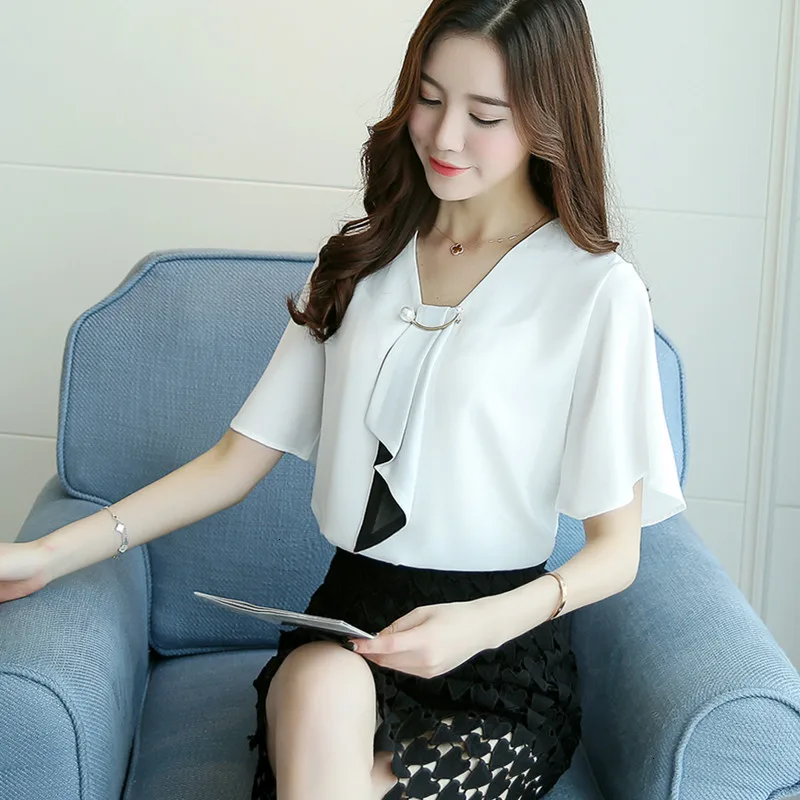 Женская модная шифоновая блузка с коротким рукавом однотонная офисная рубашка