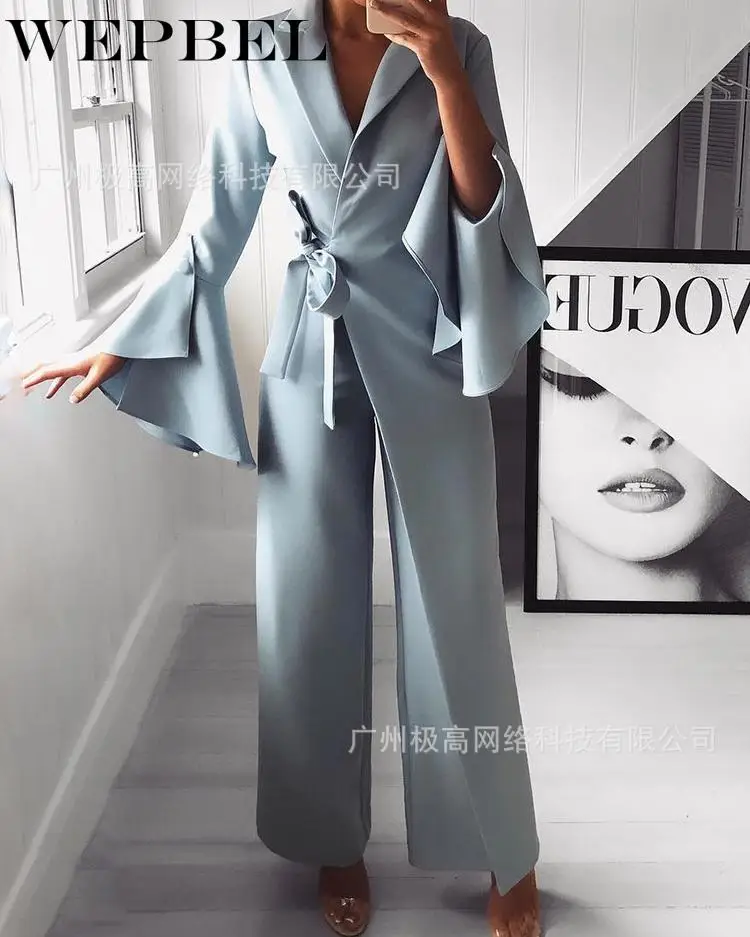 WEPBEL Women's Casual Fake Two-Piece Irregular Solid Color Jumpsuit Autumn Flare Sleeve Lace Up V-neck Wide-Leg Jumpsuit
WEPBEL Women's Casual Fake Two-Piece Irregular Solid Color Jumpsuit Autumn Flare Sleeve Lace Up V-neck Wide-Leg Jumpsuit