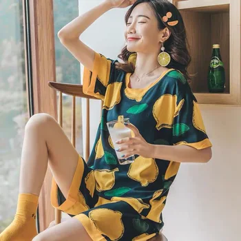 Summer New 2Pcs Women Pajama Set Korean Style Loose Thin Sleepwear O-Neck Comfort Cotton Satin Ladies Home-wear Soft Casual Wear 
Summer New 2Pcs Women Pajama Set Korean Style Loose Thin Sleepwear O-Neck Comfort Cotton Satin Ladies Home-wear Soft Casual Wear