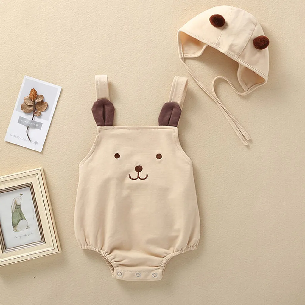 

Newborn New Cute Set Clothes Infant Baby Girls Straps Cartoon Pompon Romper Sunsuit Hat Bodysuit Outfits Clothes Set 2019