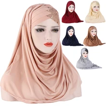 

2021NEW Forehead Cross Hair Wrap Scarf Solid Color Glitter Sequins Jersey Hijabs Muslim Headband Women Turban Hair Cap