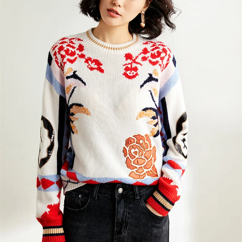 2019 Winter Wool Blend Sweater Loose Jumper Women O-neck Flower Swallow Appliques Embroidery Knitted Ladies Pullovers | Женская одежда