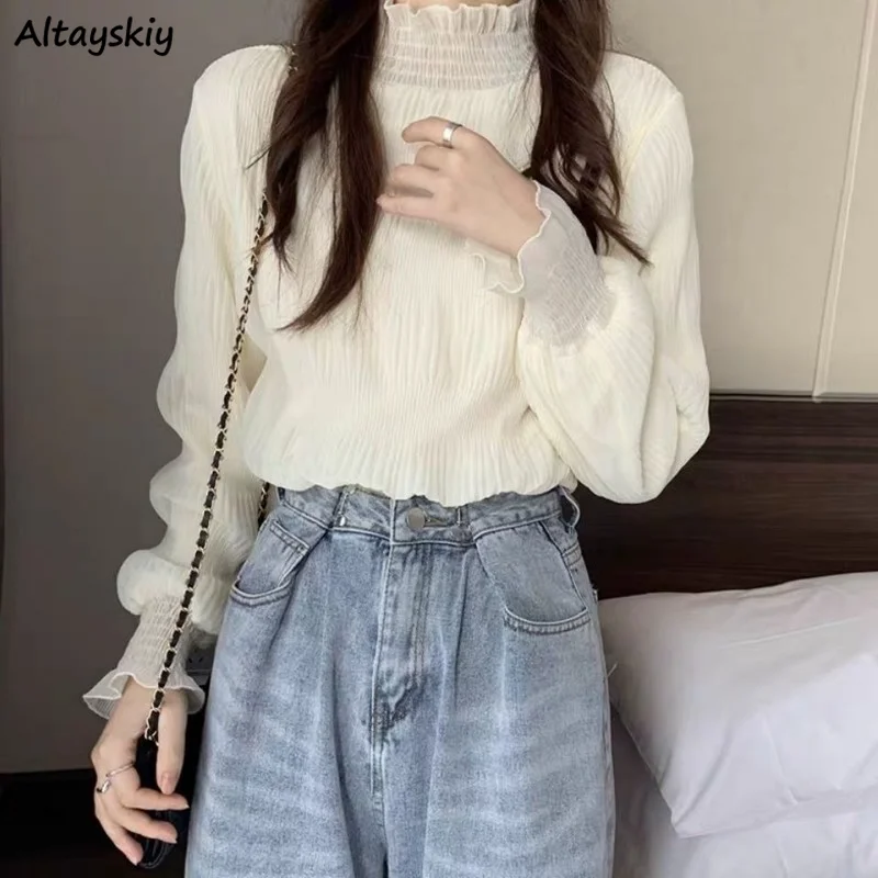 

Long Sleeve T-shirts Turtleneck Folds Korean Style Aesthetic Thicker Girls Sweet Autumn Princess Stylish Leisure Tops Female