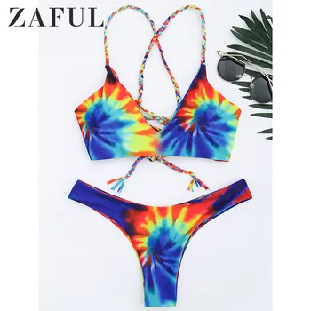 

ZAFUL 2019 New Women Tie Dye Braided Criss Cross Bikini Set Sexy Spaghetti Straps Beach Swimwear Women Swimsuit Bathing Suit