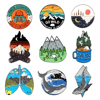 cartoon round sun sunrise mountain peak bird fire pin nature woods sea wave whale enamel brooch badge punk jewelry gift for kid