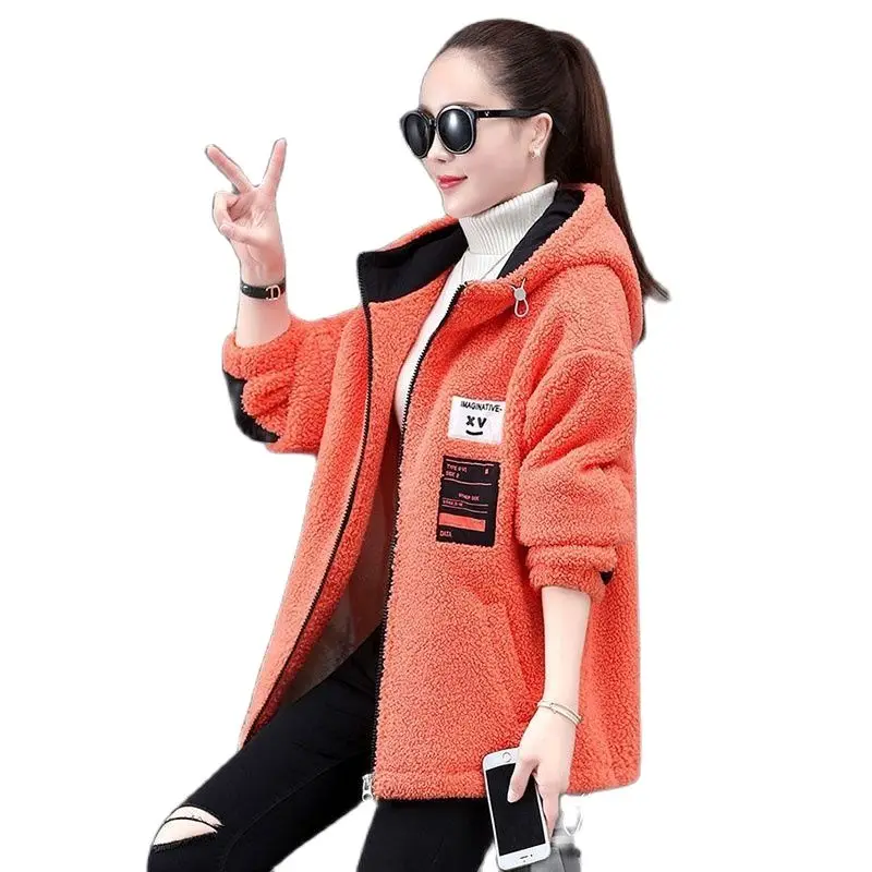 

Double Sided Add Velvet Thickening Women's Coat New Autumn Winter Lamb Wool All-Match Fashion Loose Hooded Ladies Jacket