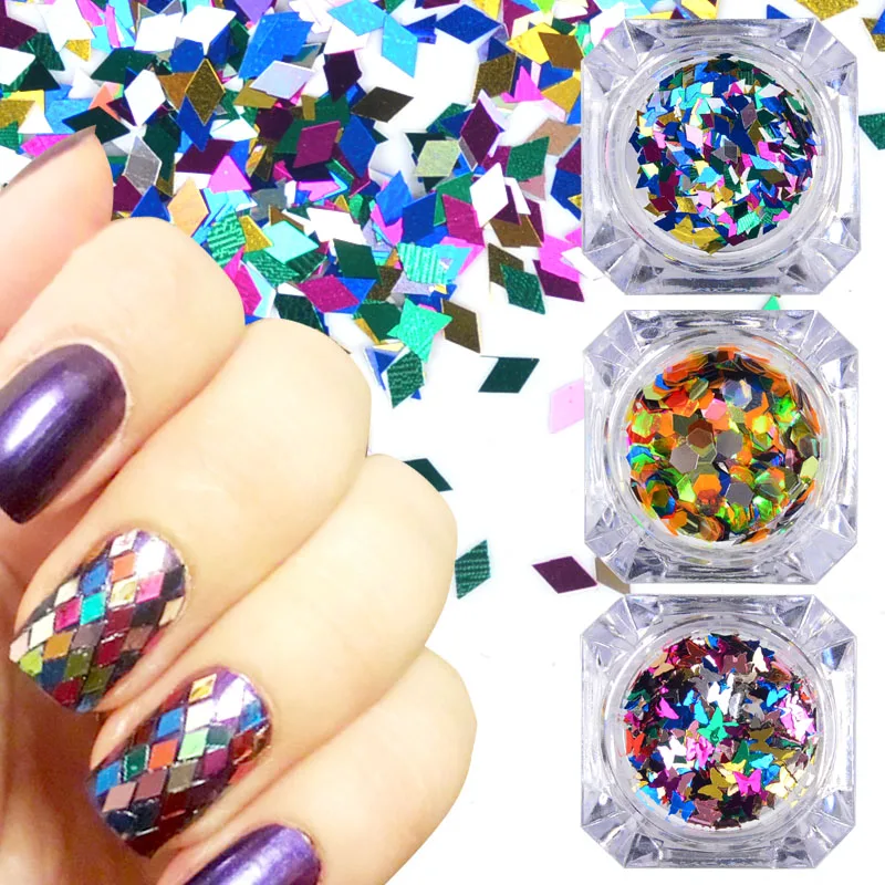 Фото Ромбовидный/бабочка/шестигранный дизайн ногтей блестящая разноцветная DIY