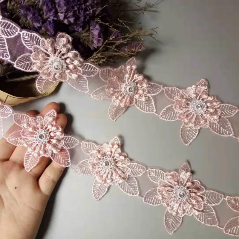 

2 yard Pink Pearl Beaded Embroidered Flower Lace Trim Floral Applique Patches Fabric Sewing Craft Vintage Wedding Dress