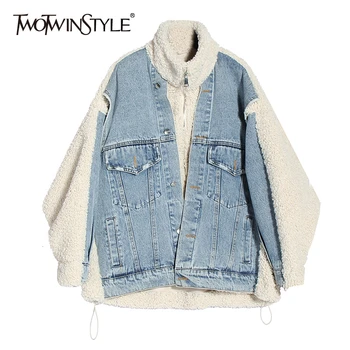 TWOTWINSTYLE Patchwork Denim Lambswool Women's Coats Turtleneck Batwing Sleeve Hit Color Jacket Female 2020 Fashion Clothing New
TWOTWINSTYLE Patchwork Denim Lambswool Women's Coats Turtleneck Batwing Sleeve Hit Color Jacket Female 2020 Fashion Clothing New