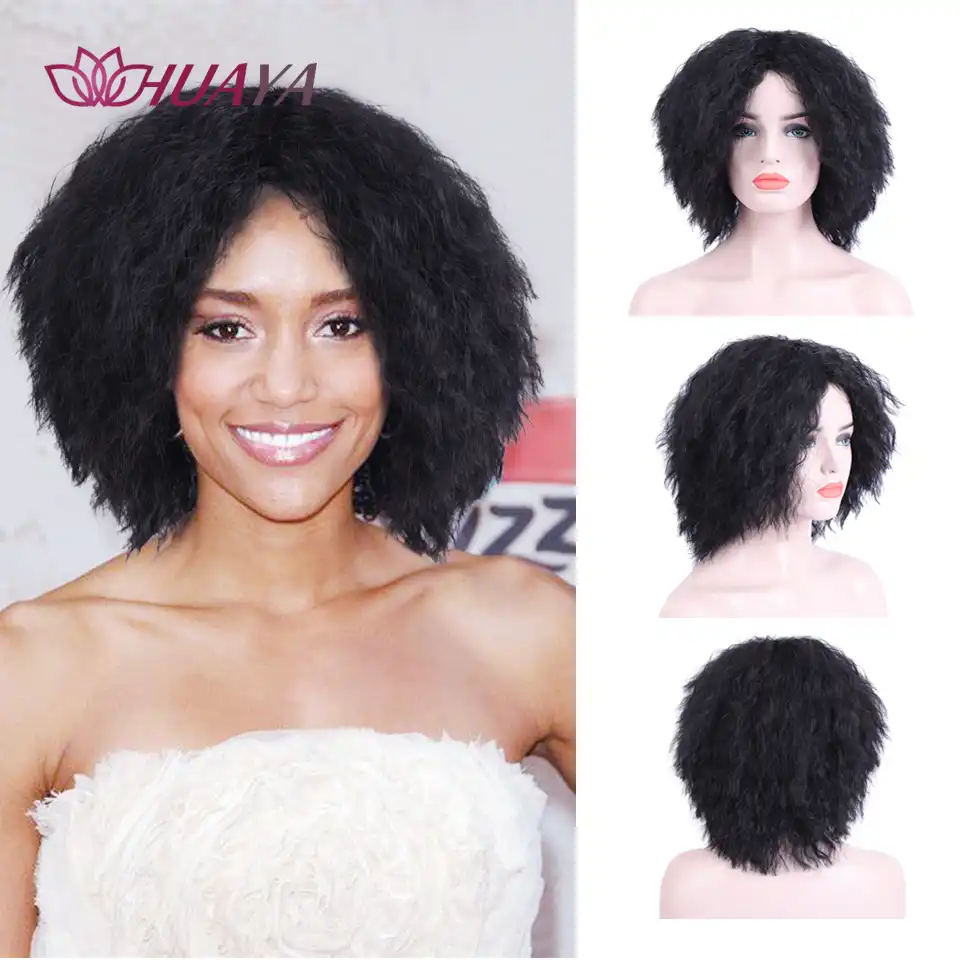 Afro Kudryavye Pariki Korotkie Vodnaya Volna Parik Dlya Zhenshin Naturalnyj Chernyj Vysokaya Srednyaya Chast Parik Termostojkoe Volokno Parik Dlya Povsednevnoj Noski Aliekspress