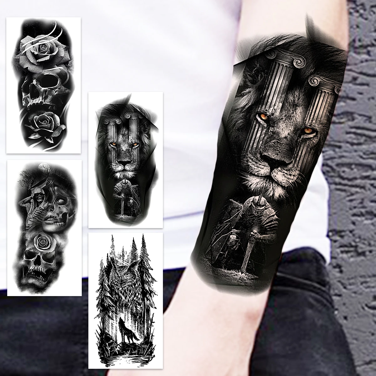 

Временные татуировки с большим львом для мужчин и взрослых, Реалистичная лесовая маска, Череп, цветок, искусственная тату-наклейка, предплечье, искусственная татуировка