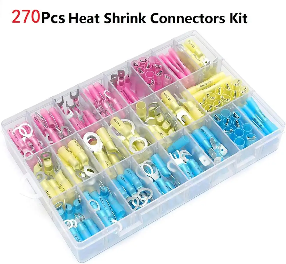 270PCS Heat Shrink Wire Connector Kit Electrical Insulated Crimp Ring Butt Connectors Rings Male Female Fork Hook Kit
270PCS Heat Shrink Wire Connector Kit Electrical Insulated Crimp Ring Butt Connectors Rings Male Female Fork Hook Kit