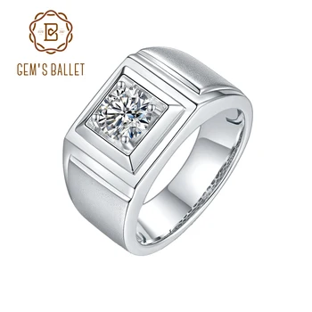 

GEM'S BALLET 925 Sterling Silver Moissanite Ring For Men Wedding Round 1.0 Ct 6.5mm Solitaire Moissanite Men's Ring Father Gift