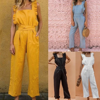 

Women Casual Jumpsuit 2020 Sexy Square Collar Summer Rompers Linen Shirred Frill Sleeves Pockets Ladies Playsuit Streetwear