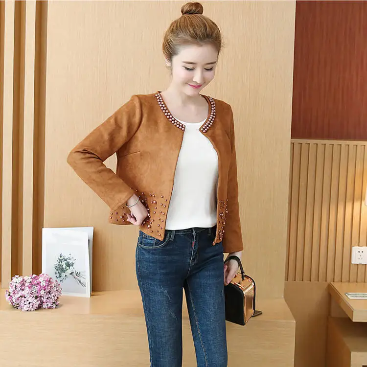 4Xl Plus Size Autumn Women Basic Coat O-Neck Short Slim Beads Deer Leather Jackets Rivet Open Stitch Casual Thin Outwear
4Xl Plus Size Autumn Women Basic Coat O-Neck Short Slim Beads Deer Leather Jackets Rivet Open Stitch Casual Thin Outwear