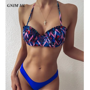 GNIM Retro Print Bikini Swimwear Women Push Up Summer 2020 New Swim Bather Suit Two Pieces Backless Bandage Brazilian Swimsuit