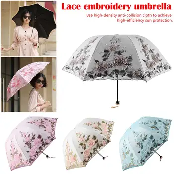 Three folding Embroidered umbrella Three fold double-layer UV protection Rain sun and rain umbrella Lace embroidery umbrella