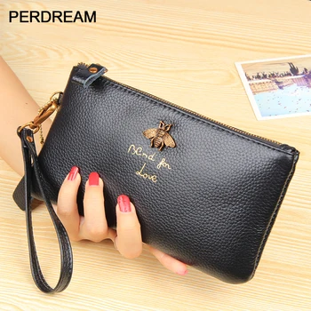 

New Cowhide Wallet Fashion Soft Zipper Wallet for Woman Bee Embroidery Lovely Purse ID Card Hoder Card Wallet