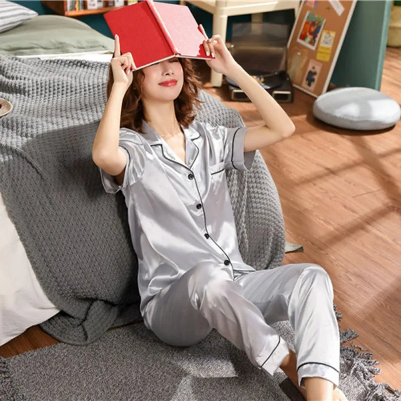 Womens Silk Satin Pajamas Set Short Sleeve Sleepwear Pijama Pajamas Suit Female Sleep Two Piece Set Sleepwear Large Size Rk
Womens Silk Satin Pajamas Set Short Sleeve Sleepwear Pijama Pajamas Suit Female Sleep Two Piece Set Sleepwear Large Size Rk