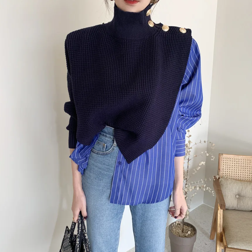 Korean Chic 2020 Autumn High Collar Side Buttons Fake Two-Piece Shirt Stitching Striped Bubble Sleeve Sweater Blue Women
Korean Chic 2020 Autumn High Collar Side Buttons Fake Two-Piece Shirt Stitching Striped Bubble Sleeve Sweater Blue Women