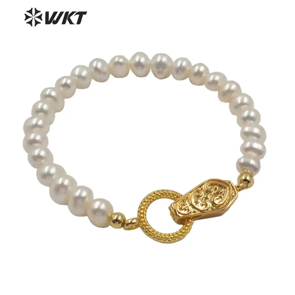 

WT-MPB002 popular natural freshwater pearl beads bracelet white/pink pearl with gold Electroplated magnetic clasp bracelet