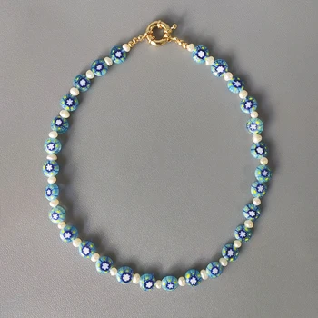women Bohemian blue flower pattern beads beaded necklace freshwater pearl stitching design fashion charm neck accessories 2020 
women Bohemian blue flower pattern beads beaded necklace freshwater pearl stitching design fashion charm neck accessories 2020