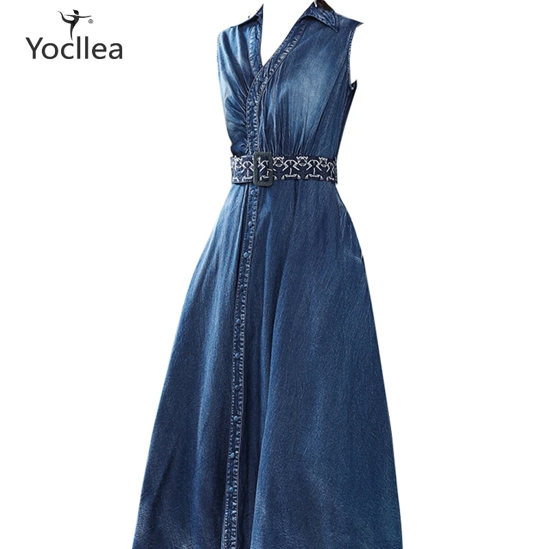 Denim Dress women 2019 V-neck Summer Dress streetwear Thin sleeveless Tank Ankle-Length A-Line Long Jean dresses Vestidos 
Denim Dress women 2019 V-neck Summer Dress streetwear Thin sleeveless Tank Ankle-Length A-Line Long Jean dresses Vestidos