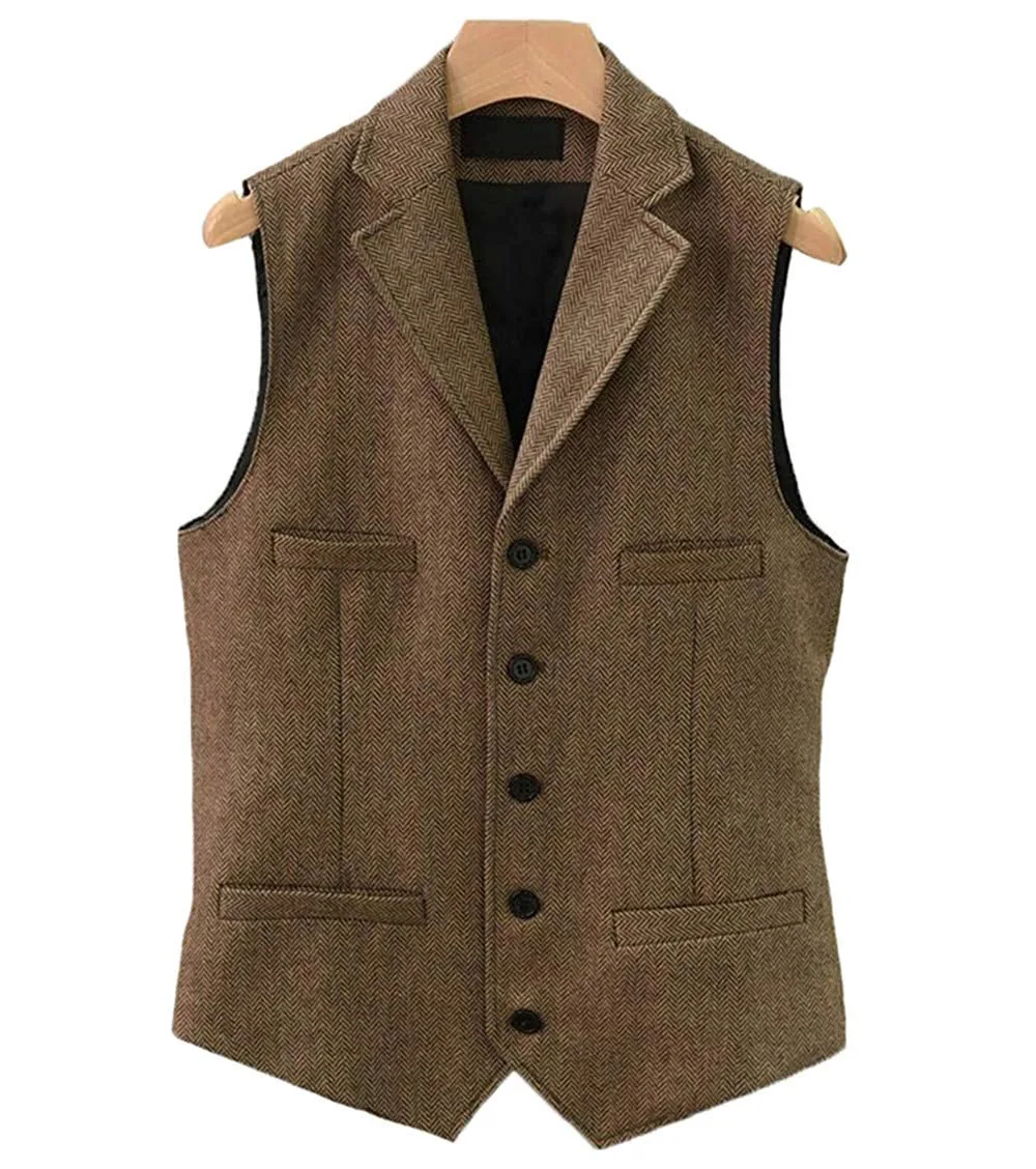 

Mens Suit Vest Lapel V Neck Wool Casual Formal Business Herringbone Waistcoat Groomman For Wedding Army Green/Burgundy/Brown