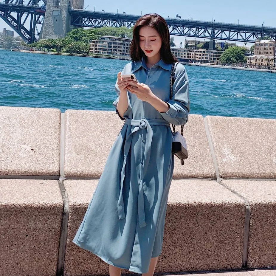 Photo Shoot 19 Autumn Clothing Normcore Style INS Blue Fold-down Collar Single Breasted Lace-up Elegant Ladies' Long-sleeved Shi
Photo Shoot 19 Autumn Clothing Normcore Style INS Blue Fold-down Collar Single Breasted Lace-up Elegant Ladies' Long-sleeved Shi