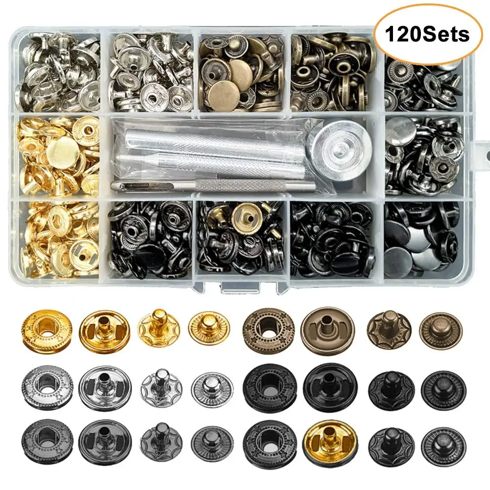 

12.5mm Leather Snap Fasteners Kit Metal Button Snaps Press Studs 4 Installation Tools 6 Color Leather Snaps for Clothes,Jackets