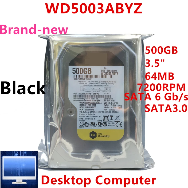 

New Original HDD For WD Brand Black 500GB 3.5" SATA 6 Gb/s 64MB 7200RPM For Internal HDD For Desktop Computer HDD For WD5003ABYZ